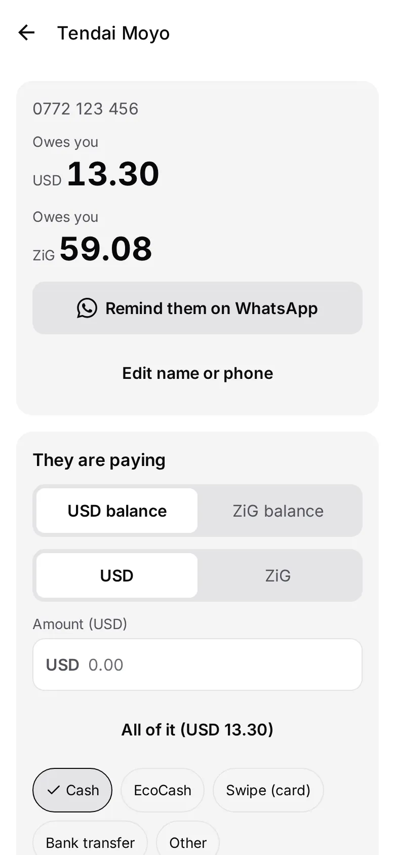 A customer's account: owes USD 13.30 and ZiG 59.08, a button to remind them on WhatsApp, and recording a payment by cash, EcoCash, swipe or bank transfer