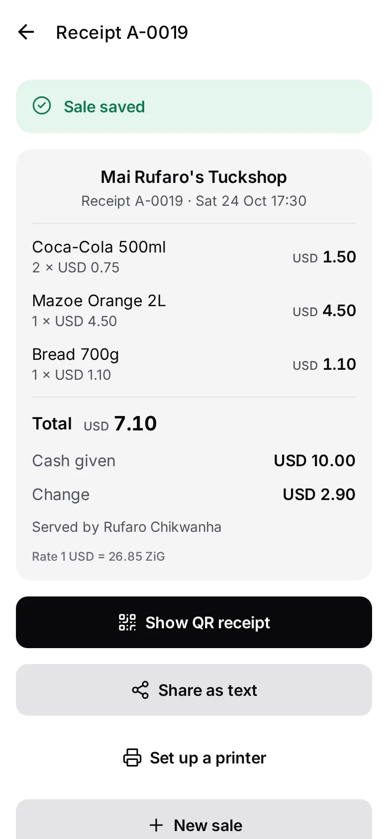 A receipt after a sale: the items, total, cash given, change and the day's rate, with buttons to show a QR receipt, share it as text or set up a printer