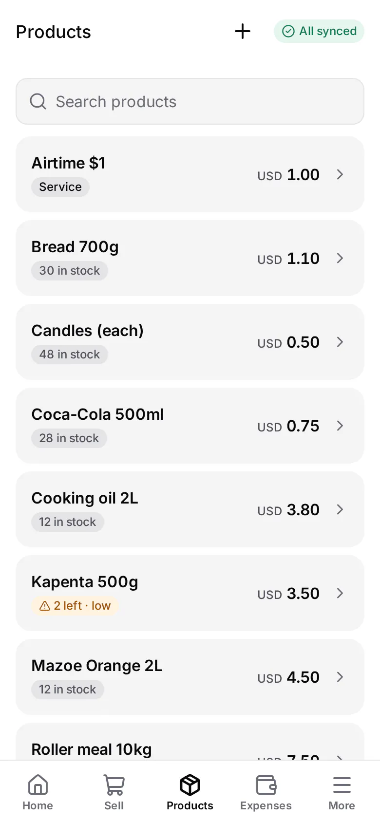 ShopFlow's Products list: each product's price and how many are in stock, with one marked 2 left, low